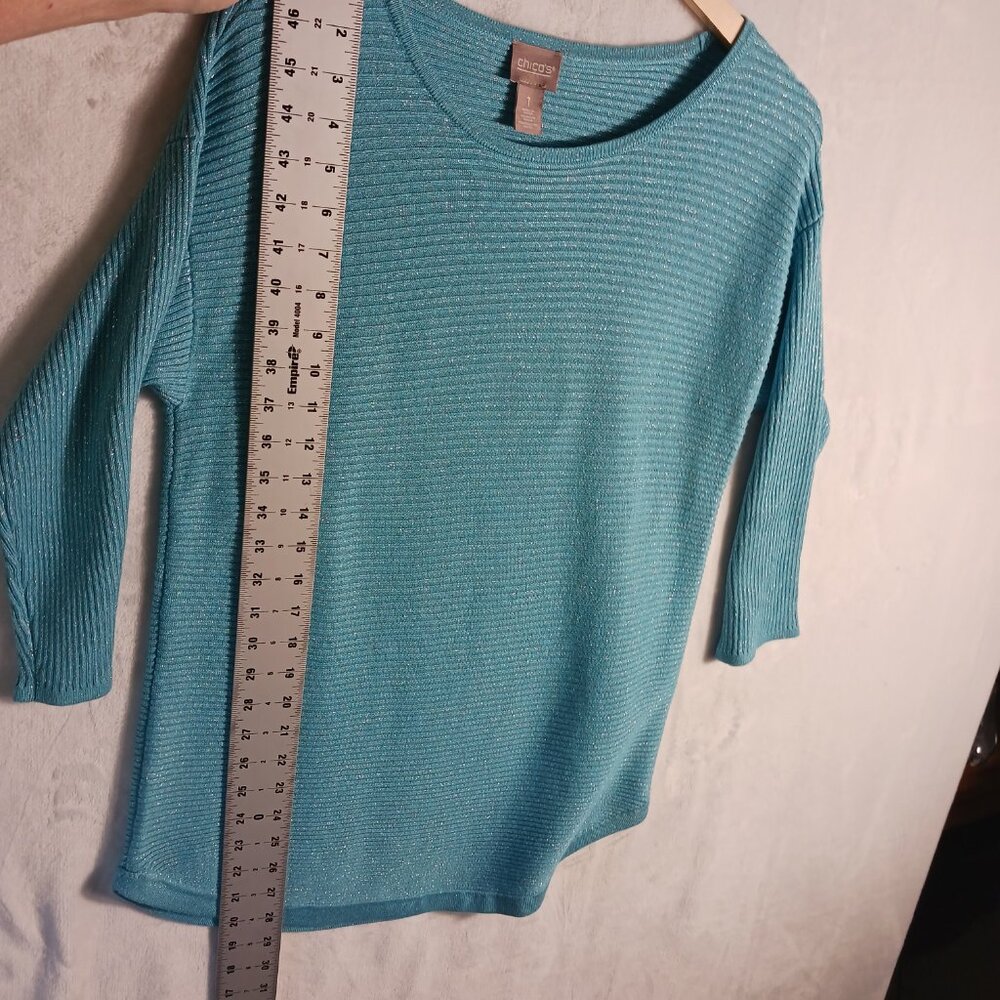 Chico's, Turquoise Blue, Sparkle, Ribbed Knit Top with 3/4 Sleeves, Size Small - Picture 10 of 12